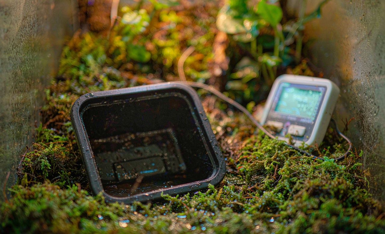 饲养箱内一个装满湿润绿色水苔的深色小躲避盒,旁边立着一支数字湿度计
